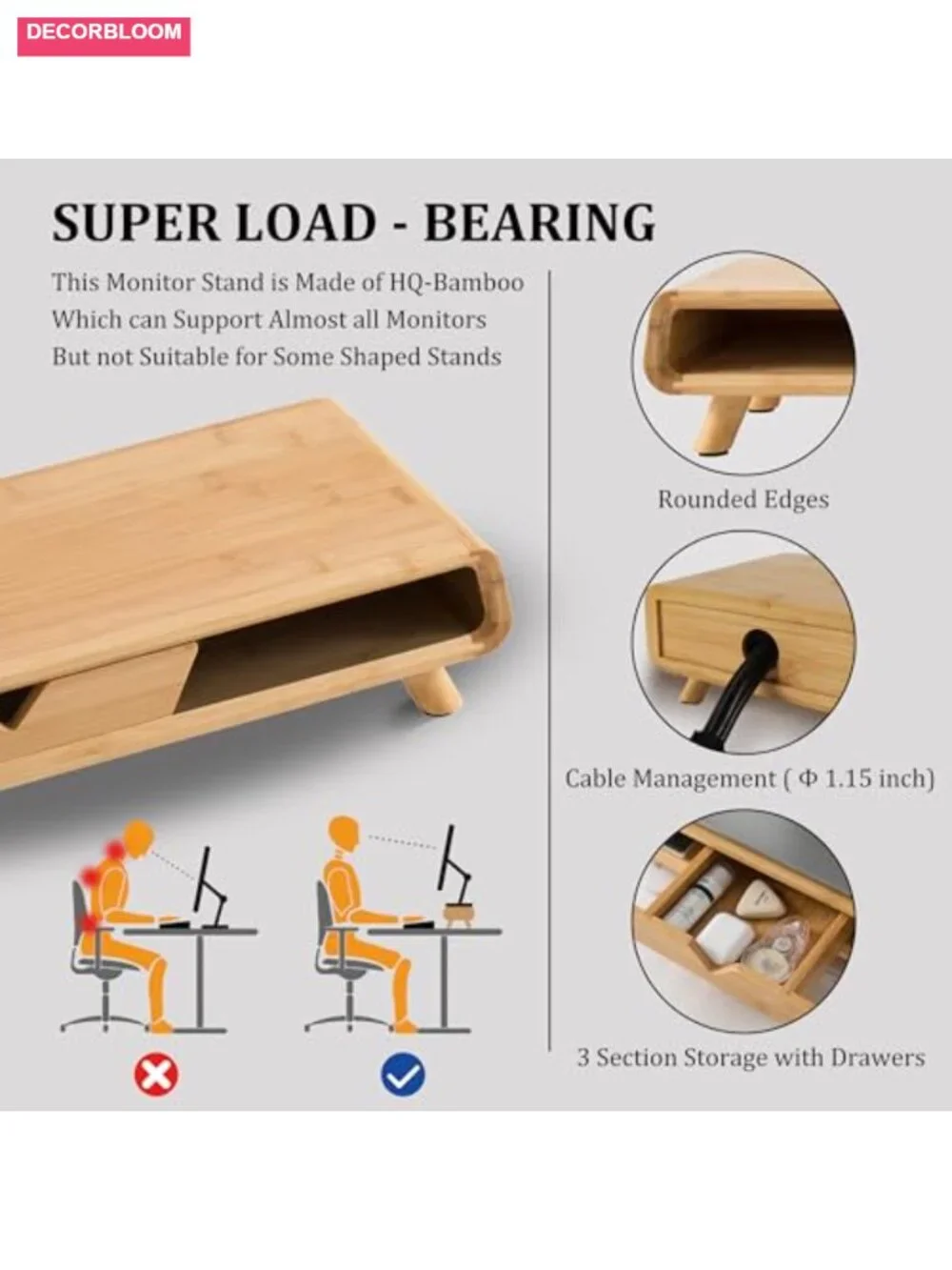 Other | Bamboo Monitor Stand Riser With Drawer No Assembly Required ...